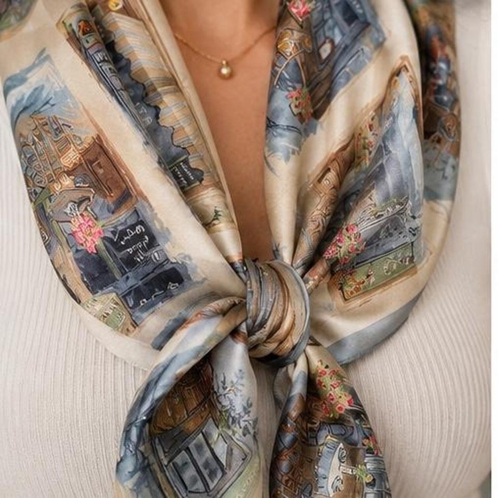 Beautiful vintage silk scarf with a charming French cafe design